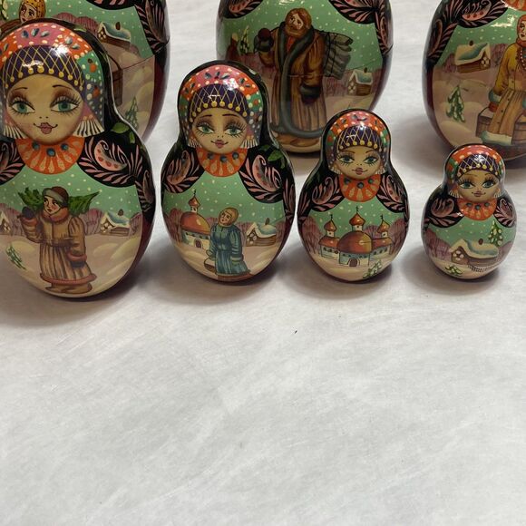 Vintage Winter Russian Hand Painted Matryoshka 10 Piece Nesting Doll 7” - Picture 6 of 13
